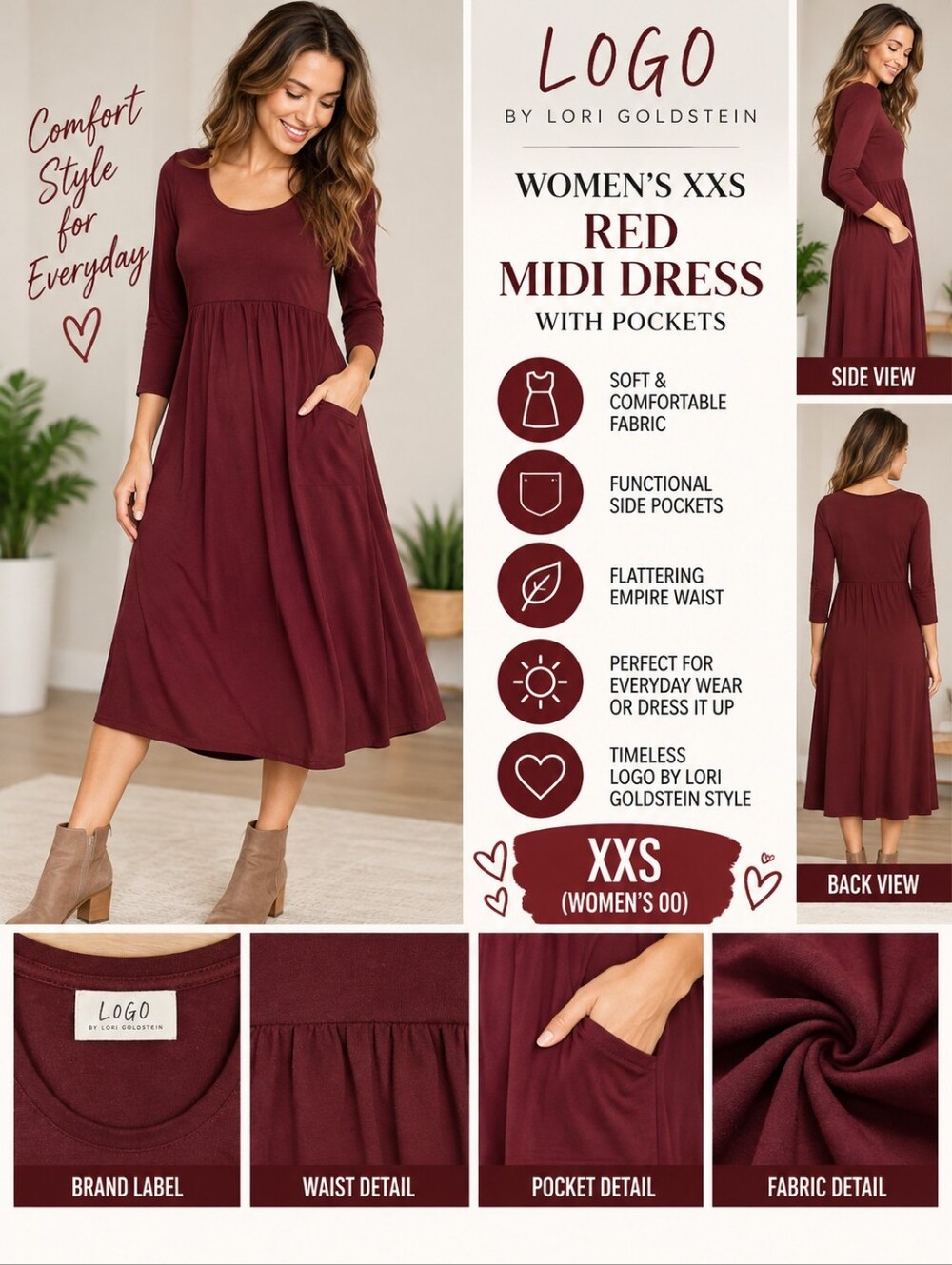Lori Goldstein women's XXS red midi dress w/pockets #34